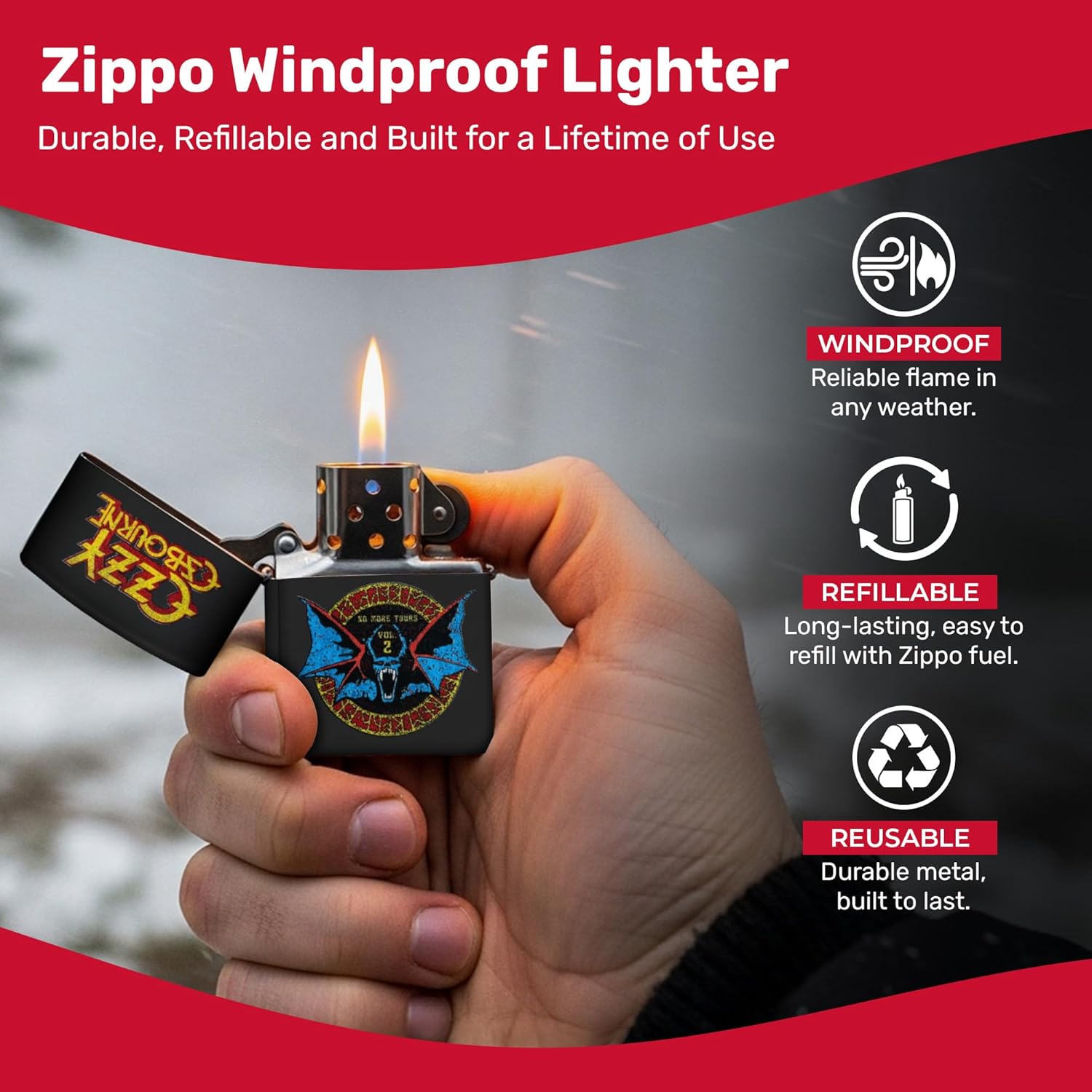 Zippo Ozzy Osbourne Black Matte Pocket Lighter - Refillable & Windproof Lighter with Legendary Rock Tour Poster Art No More Tours - Everyday Use, Outdoor, Camping Flip-Top Lighters - Made in USA