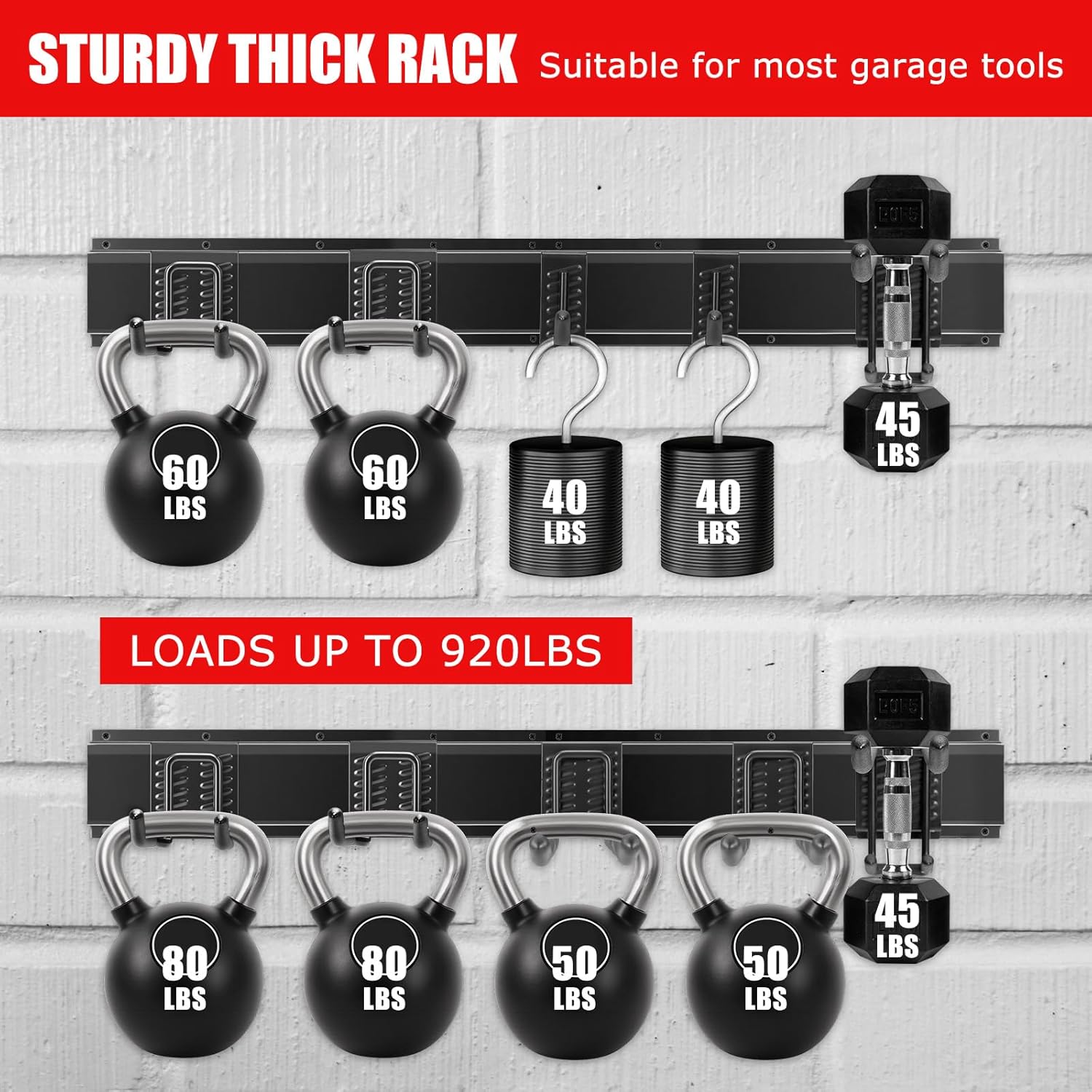 64 Inch Garage Tool Organizer Wall Mount Heavy Duty - 12 Adjustable Hooks Carbon Steel Rack Holds 920lbs, Anti-Rust Storage for Broom Shovel Rake Ladder Power Tools