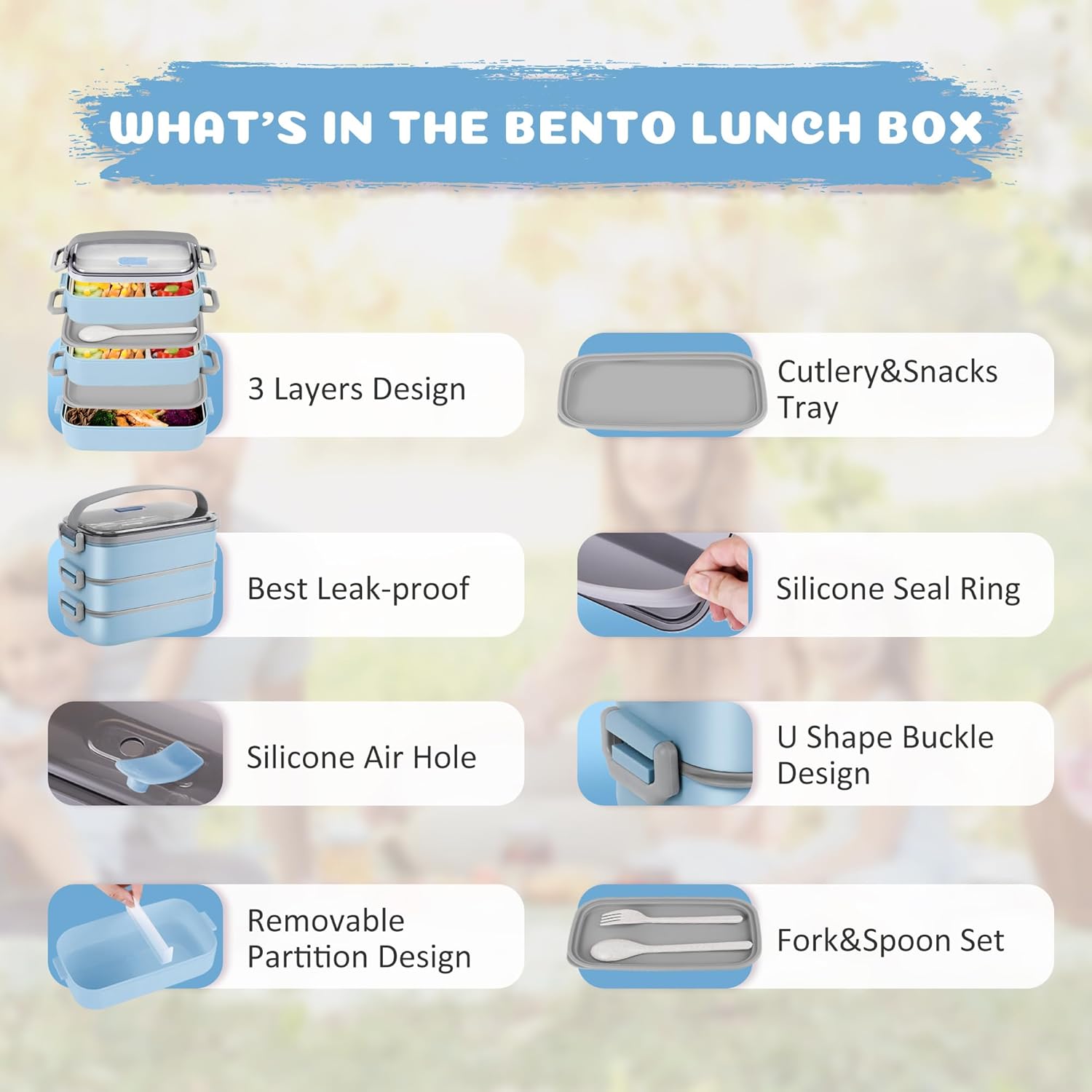 Bento Lunch Box for Kids Women Men, 47oz 2-Compartment Salad Metal Food Prep Pack Container for Lunch, Stainless Steel 3 Layers Stackable Lunch Containers with Lids for Adults and Teens Light Blue