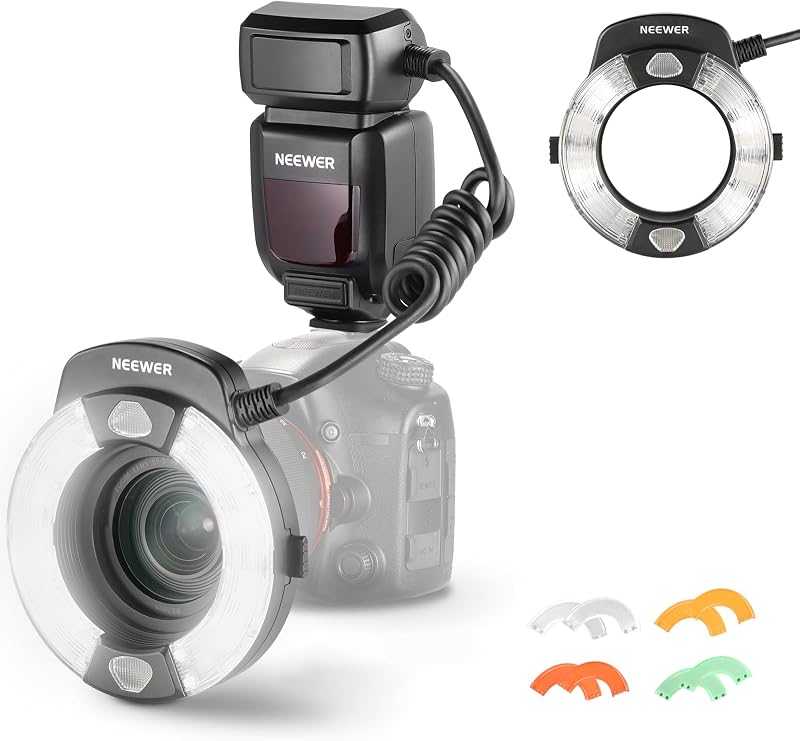NEEWER RF1-S Marco Ring Flash Light Compatible con Cámara Sony, 76Ws GN15 5600K TTL Iluminación, 1-1/128 Salida Frontal/Trasera Sincronización de Cortina Geles de Color Anillos Adaptadores de Lente para Fotografía Macro Estudio Fotográfico
