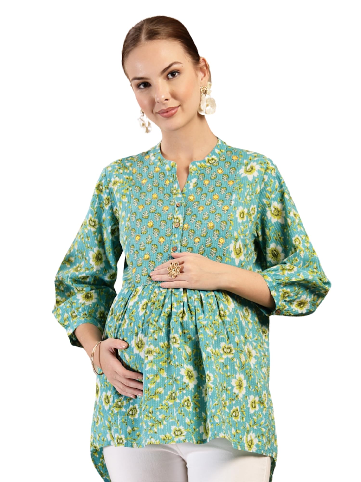 Maternity Zipless Feeding Top for Women | 100% Cotton Pre & Post Pregnancy Floral Printed Top for Pregnant Woman | Nursing Top for Easy Breastfeeding for Mothers with Buttons-image-30