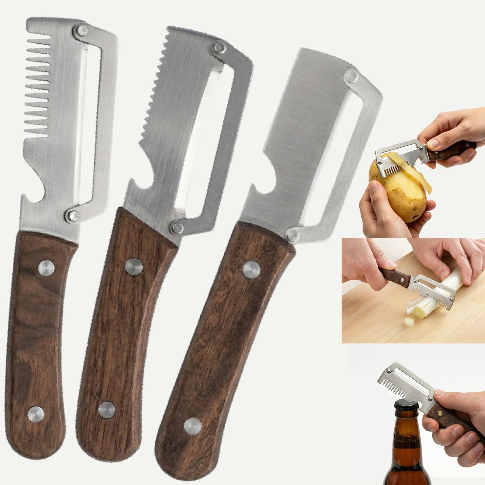 3PCS Multifunctional Vegetable Peeler, 3 Different Stainless Steel Blade with Bottle Opener and Wooden Handle for Peeling Slicing Grating, Kitchen Gadgets for Fruit Veggie Potato Pumpkin Apple Carrot