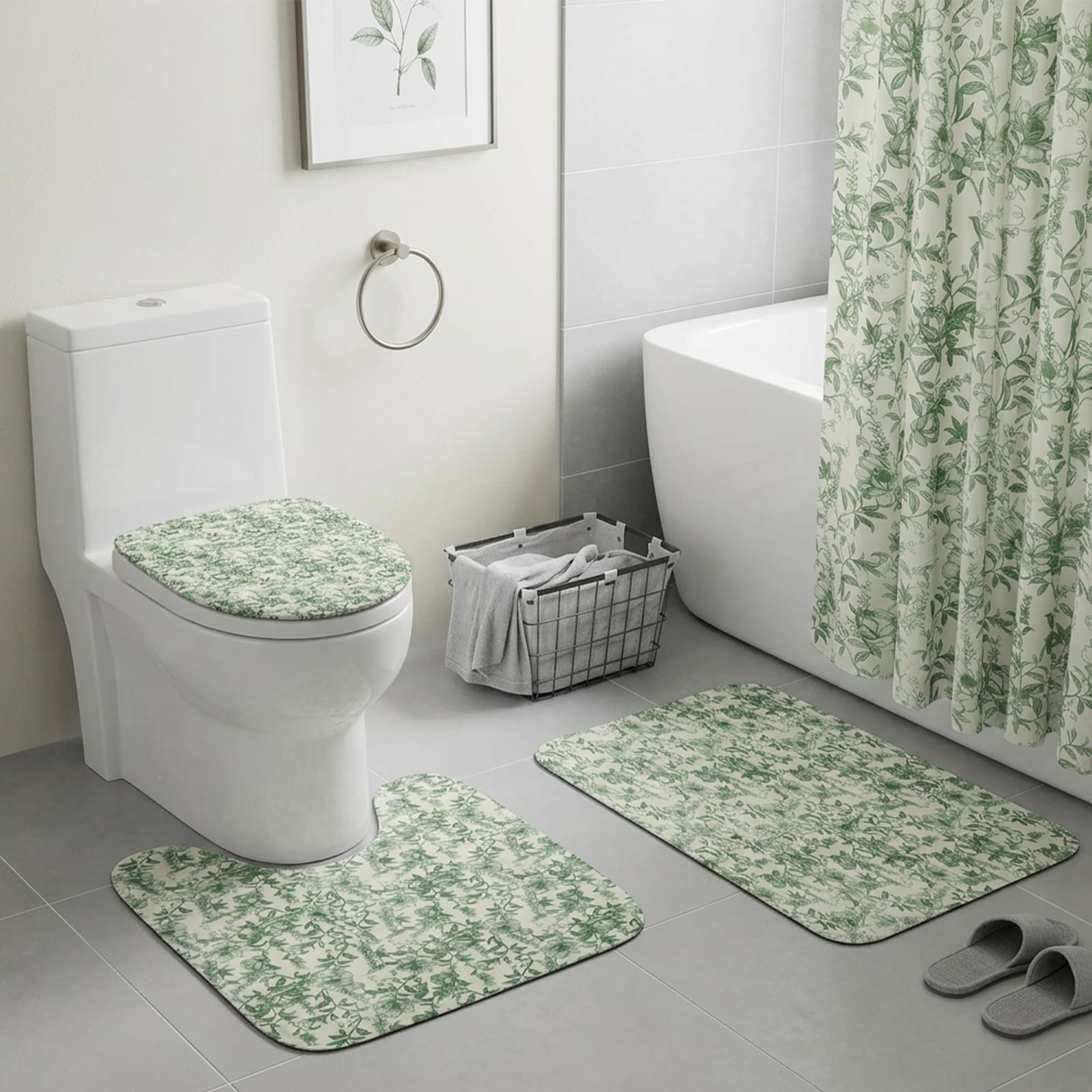 YUNYOUC 4Pcs Shower Curtain Set, Bathroom Shower Curtain with 12 Hooks, Aesthetic Bathroom Set with Bath Mat Toilet Lid Cover and U Nonslip Rug(Green)