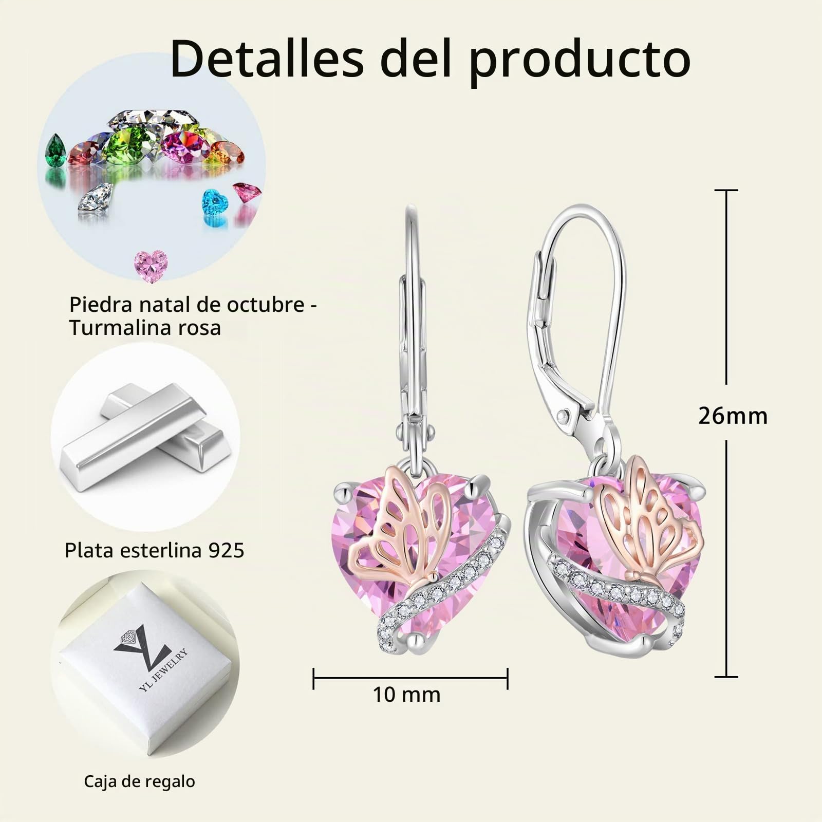 YL Pendientes Corazón Plata de Ley 925 con 12 piedras de Nacimiento Circonita Mariposa Pendientes para Mujer