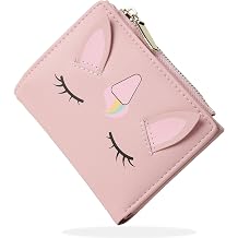 Small Womens Wallet, Cute Bifold RFID Blocking Vegan Wallet for Teen Girls Ladies with Zipper Coin Pocket Unicorn Pink