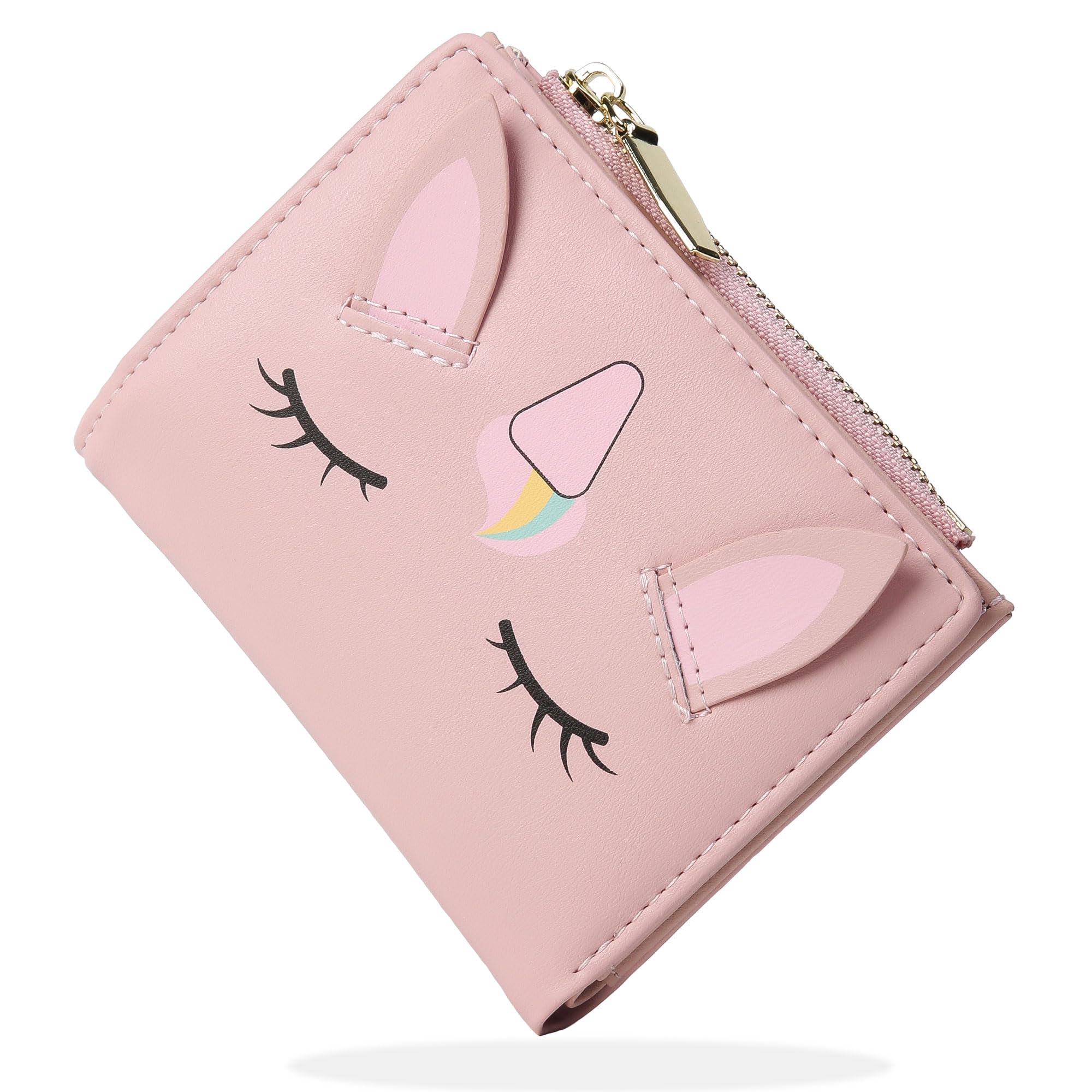 SNCCJ Cute Wallets for Women, Vegan Leather Bifold RFID Blocking Small Womens Wallet with Zipper Coin Pocket (Unicorn Pink)