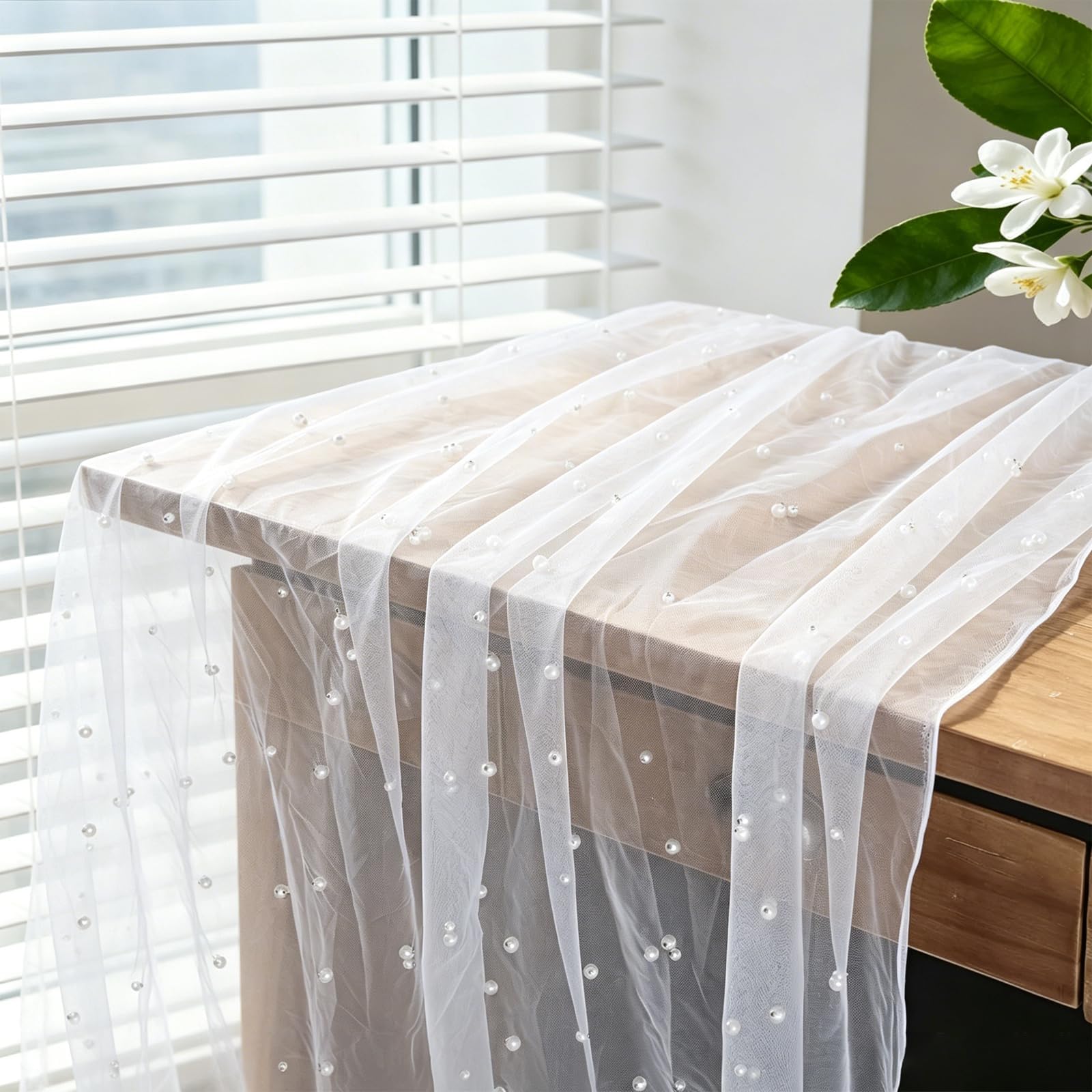 Table Runners for Dining Table, White Table Runner for Bridal Shower Decorations, Elegant Pearl Mesh Table Decor for Wedding and Party Settings, 75cm by 300cm Sheer Fabric Runner