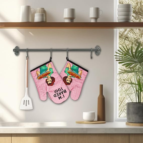 2 Pcs Funny Oven Mitts I'm Baked Too Heat Resistant Mitts Retro Housewife Silicone Non-Slip Oven Mitts with Hanging Loop Sweet Housewarming Gifts for Baking Lover Hostess Family Friend