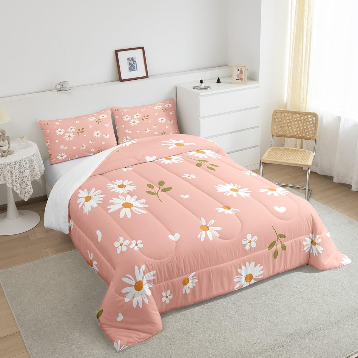 Homewish Girls Daisy Flowers Twin Size Comforter Set,Kids Petals and Leaves Decor All Season Bedding Set,Teens Pink and White Comforter,Children Daisy Decor Quilt Set Bedroom Collection 2Pcs