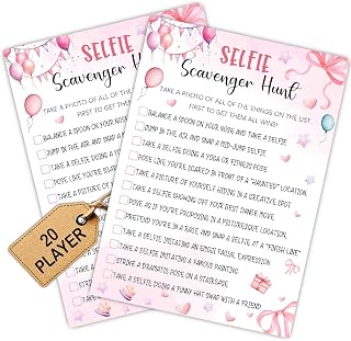 Coquette Pink Bow Themed Sleepover Slumber Party Supplies- Sleepover Stuff-Pink Slumber Party Games Card - Birthday Night Games Creative Idea -Selfie Scavenger Hunt- 20 Game Cards