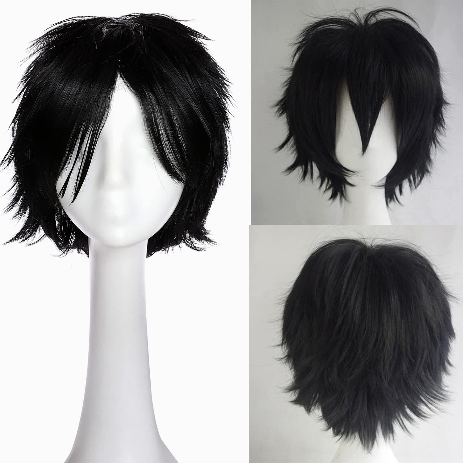 Benehair Short Cosplay Wigs Unisex Short Spiky Layered Anime Cosplay Wigs Fluffy Fashion Black Wiglets for Men Women Cosplayer Synthetic Straight for Halloween Party