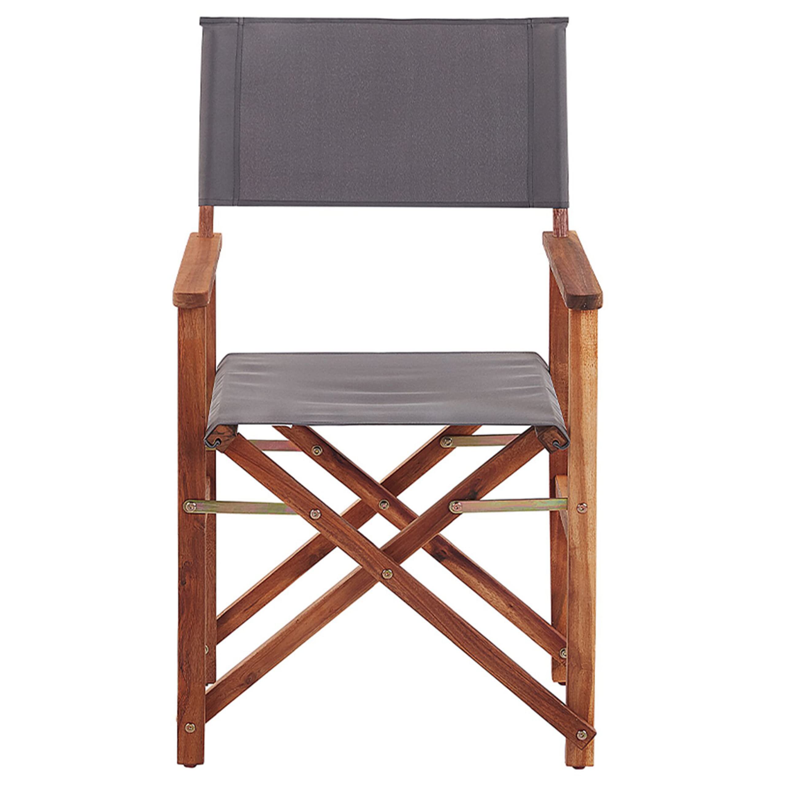 Zwei stylische Regiestühle aus dunklem Akazienholz mit grauen Auflagen Cine