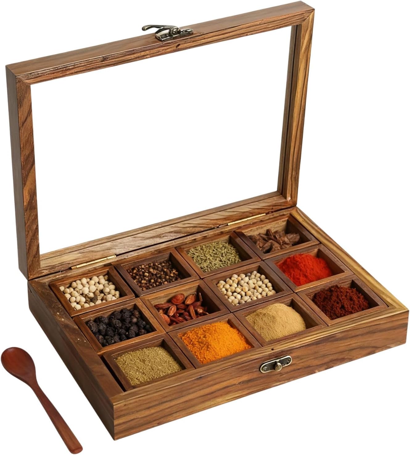 bangminda Wooden Spice Box Organizer, 12 Compartments Masala Dabba with Glass Lid, Multicolor Storage Container with Spoon for Seasonings and Herbs