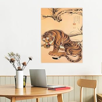 原画/抽象画/モダンアート/インテリア/アクリル画 OLD TIGER(虎波) Vintage Japanese Wall Decor Tiger Print Chinese Wall Art Mid