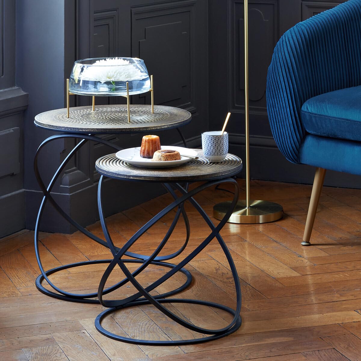 Atmosphera – Set di 2 Tavolini con Base in Metallo e Ripiano in Legno, Stile Etnico, per decorazione