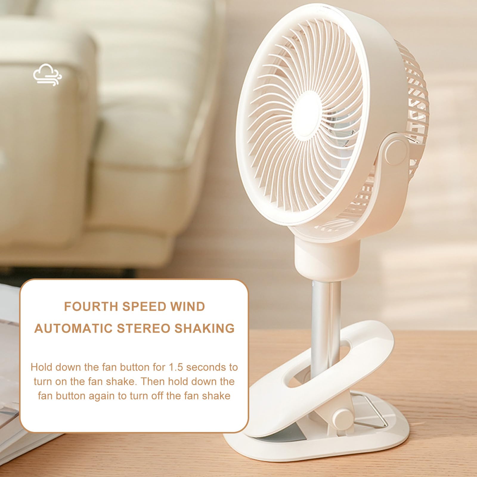 Ventilatore oscillante a clip da tavolo, altezza regolabile, ricaricabile tramite USB, portatile, telescopico, con luce a LED, ventilatore ricaricabile