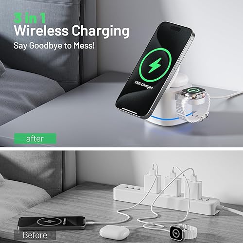 Miniatura 2 de SUVBHBN Cargador inalámbrico magnético 3 en 1 para múltiples dispositivos Apple, soporte de cargador inalámbrico portátil rápido y seguro para