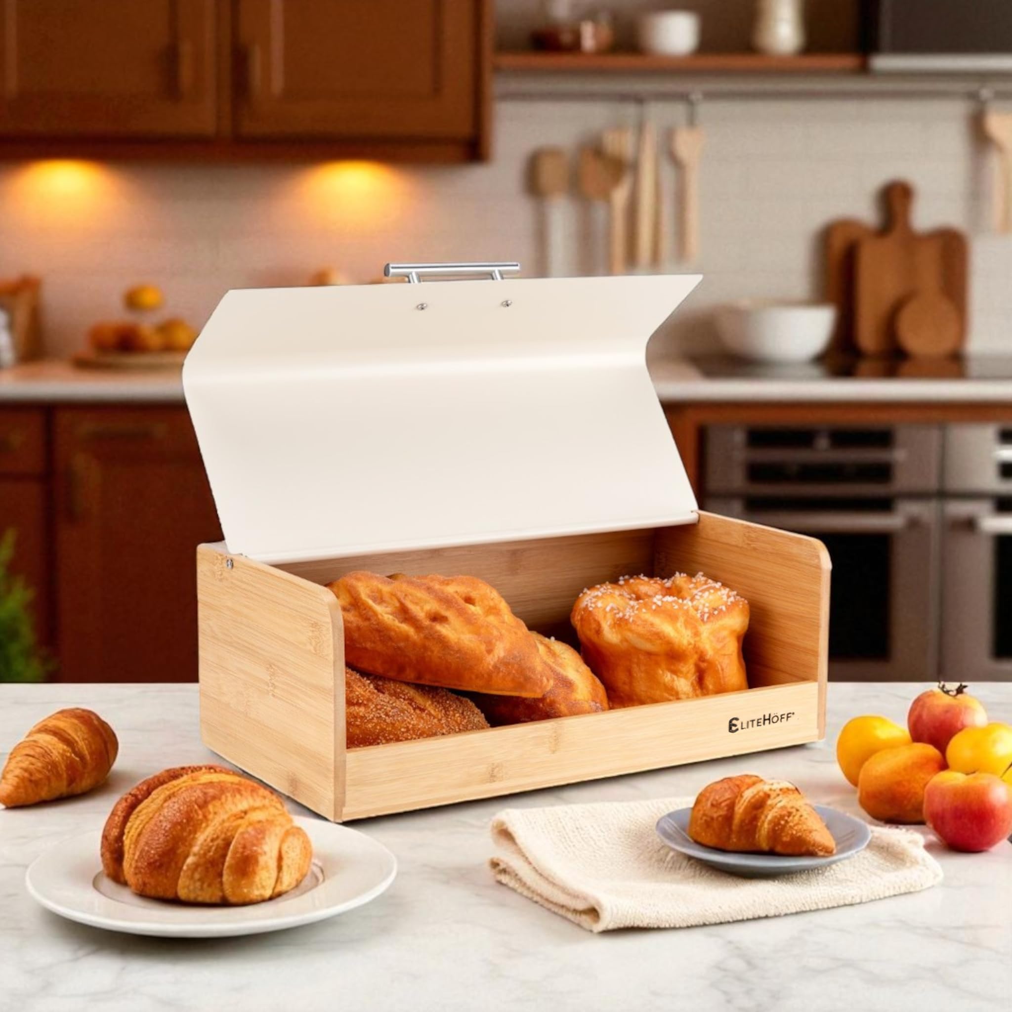 EliteHoff panera bambú metal, panera 36 x 20 x 14 cm, contenedor de almacenamiento de pan de bambú y metal, canasta de pan (beige)