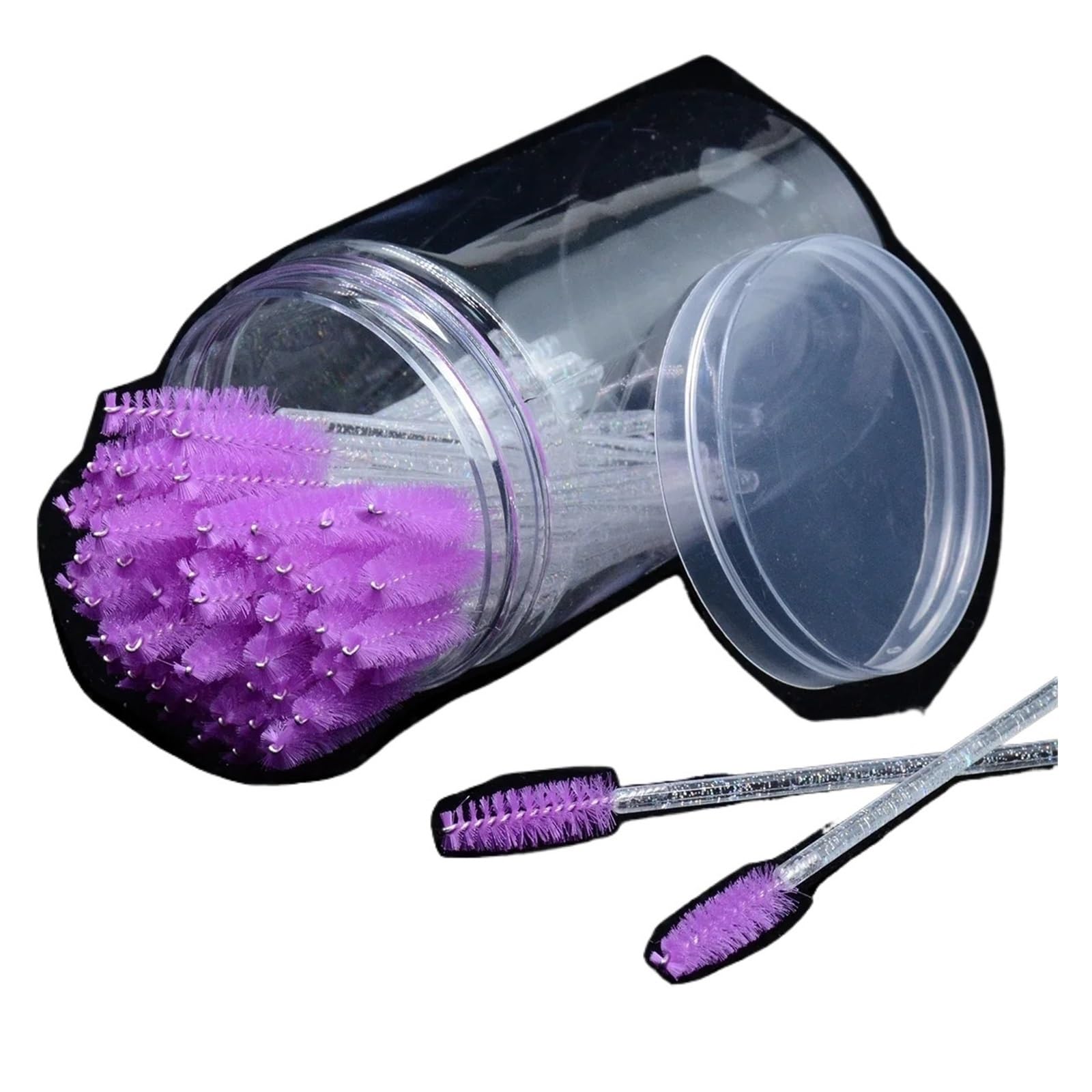 100 cepillos de pestañas desechables para extensiones de pestañas con estuche contenedor (morado en botella2)