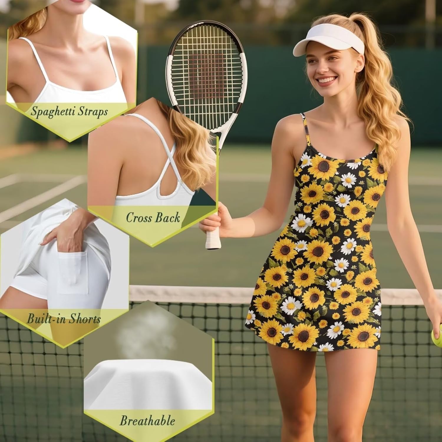 Women's Summer Casual Tennis Dress Workout Spaghetti Strap Backless Mini Golf Dress with Shorts & Pocket