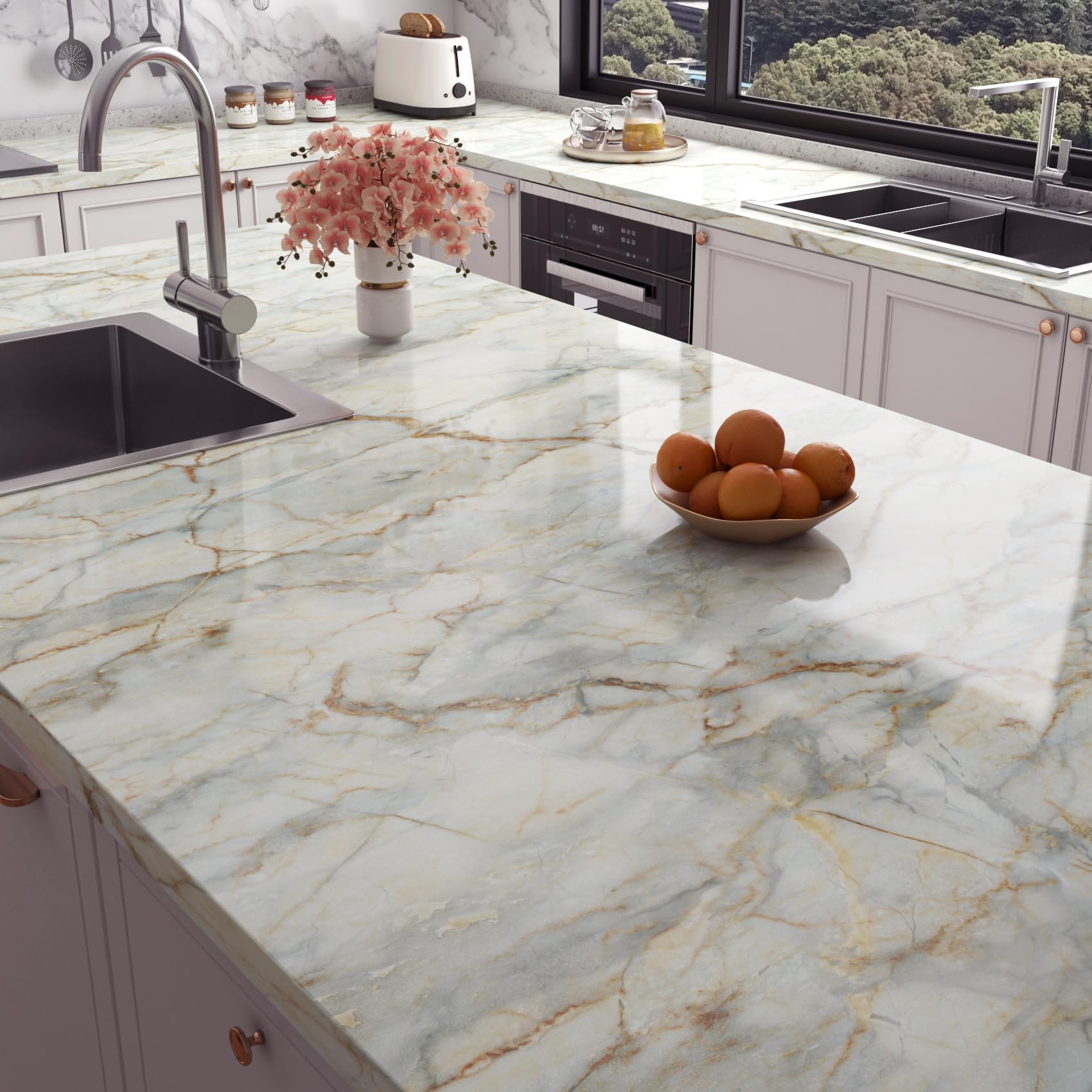 Stickyart Marble Contact Paper for Countertops 24"x160" Cyan Gold Marble Wallpaper Peel and Stick Countertops for Kitchen Marble Contact Paper Peel