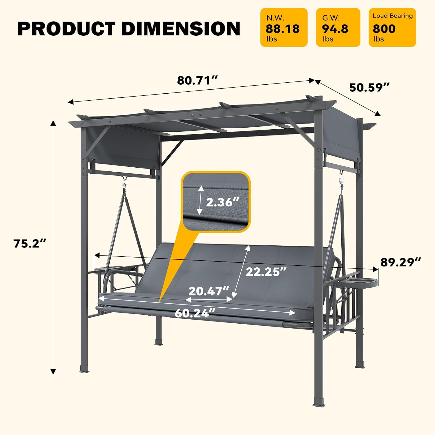 AECOJOY 2-in-1 Convertible Porch Swing Bed 3 Seat, Outdoor Patio Metal Pergola Swing Bench with Hanging Cloud Hammock Chair, Garden Swinging Glider Arbour with Cup Holders (Grey)