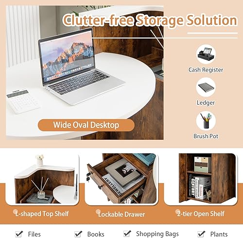 Vista 25 de Tangkula Escritorio de recepción, mostrador frontal con cajón con cerradura y estante ajustable, escritorio ovalado, mostrador minorista para pagar
