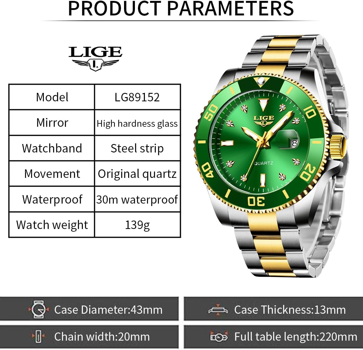 Quartz Watches for Men,Luxury Big Face Diamond Accented Analog Watch,Stainless Steel Waterproof Mens Watches,Date Luminous Business Dress Watch for Men - Image 7