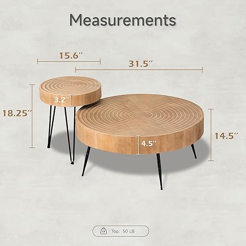 Miniatura 41 de COZAYH Juego de mesa auxiliar redonda anidable de 2 piezas, parte superior de madera natural con patas de metal negro, patrón radial, acento rústico