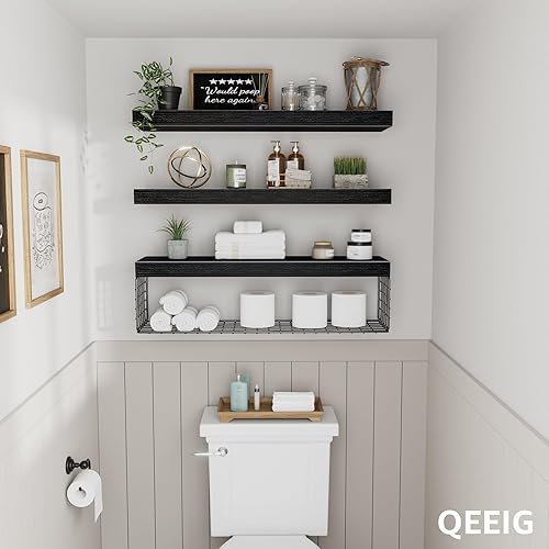 Miniatura 6 de QEEIG Estantes de baño sobre el inodoro, estante montado en la pared, almacenamiento de papel higiénico, casa de campo de 24 pulgadas de largo,