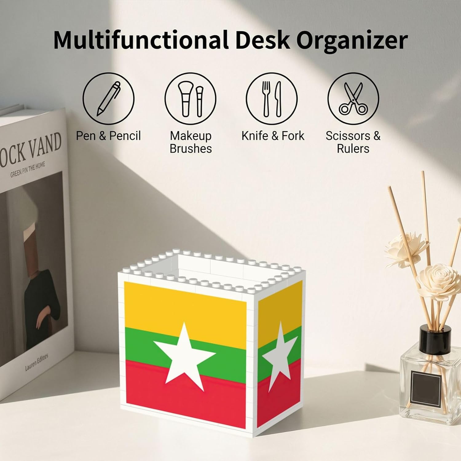 Flag Of Myanmar Print Uv Print Block Pencil Cup, Detachable Creative Block Desk Organizer Office Abs Pen Holder image 5