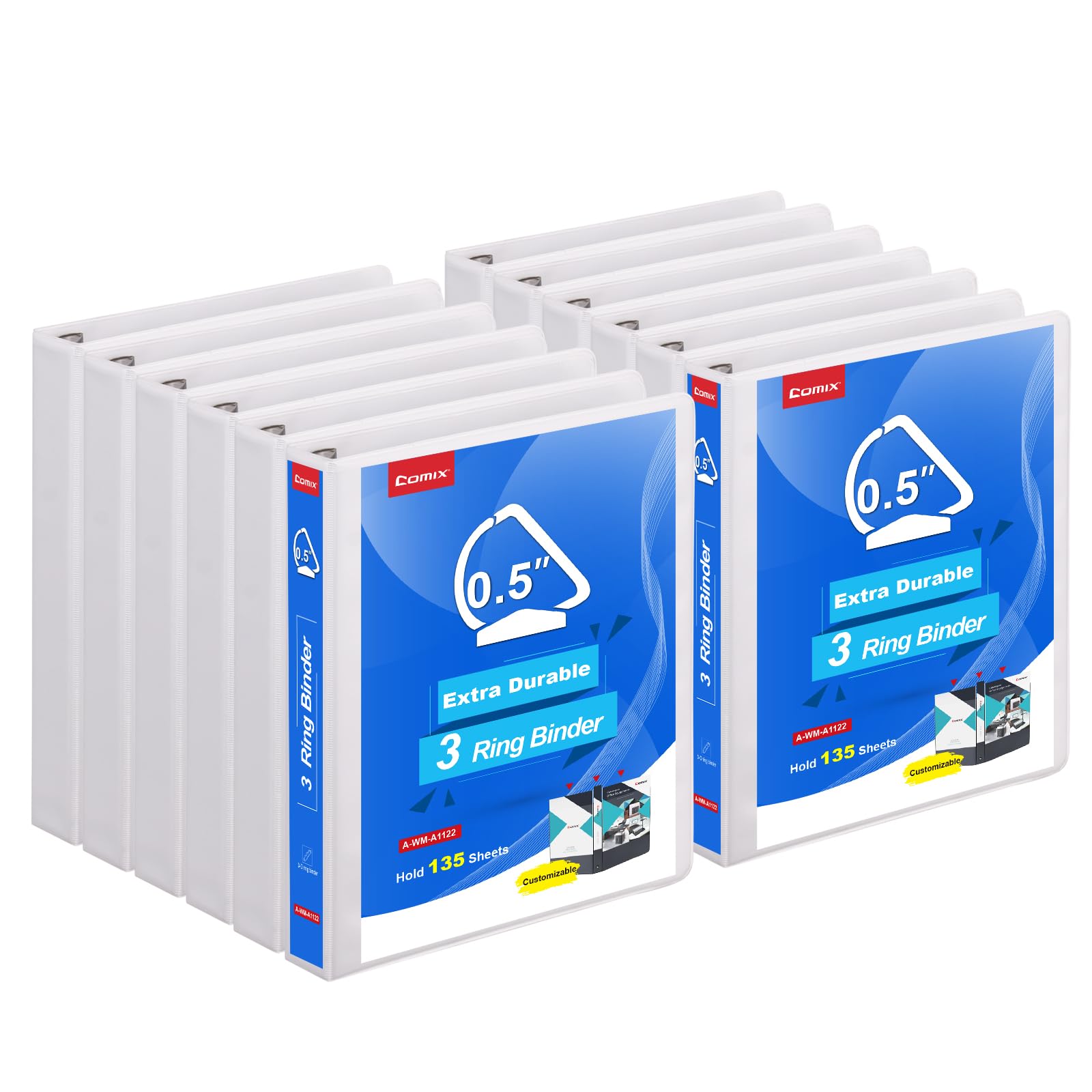 COMIX Heavy Duty 0.5 inch Slant-D Ring View Binder, 1/2 inch 3 Ring Binders, Hold 125 Sheets of 8.5" x 11" Paper, 12 Pack (White)