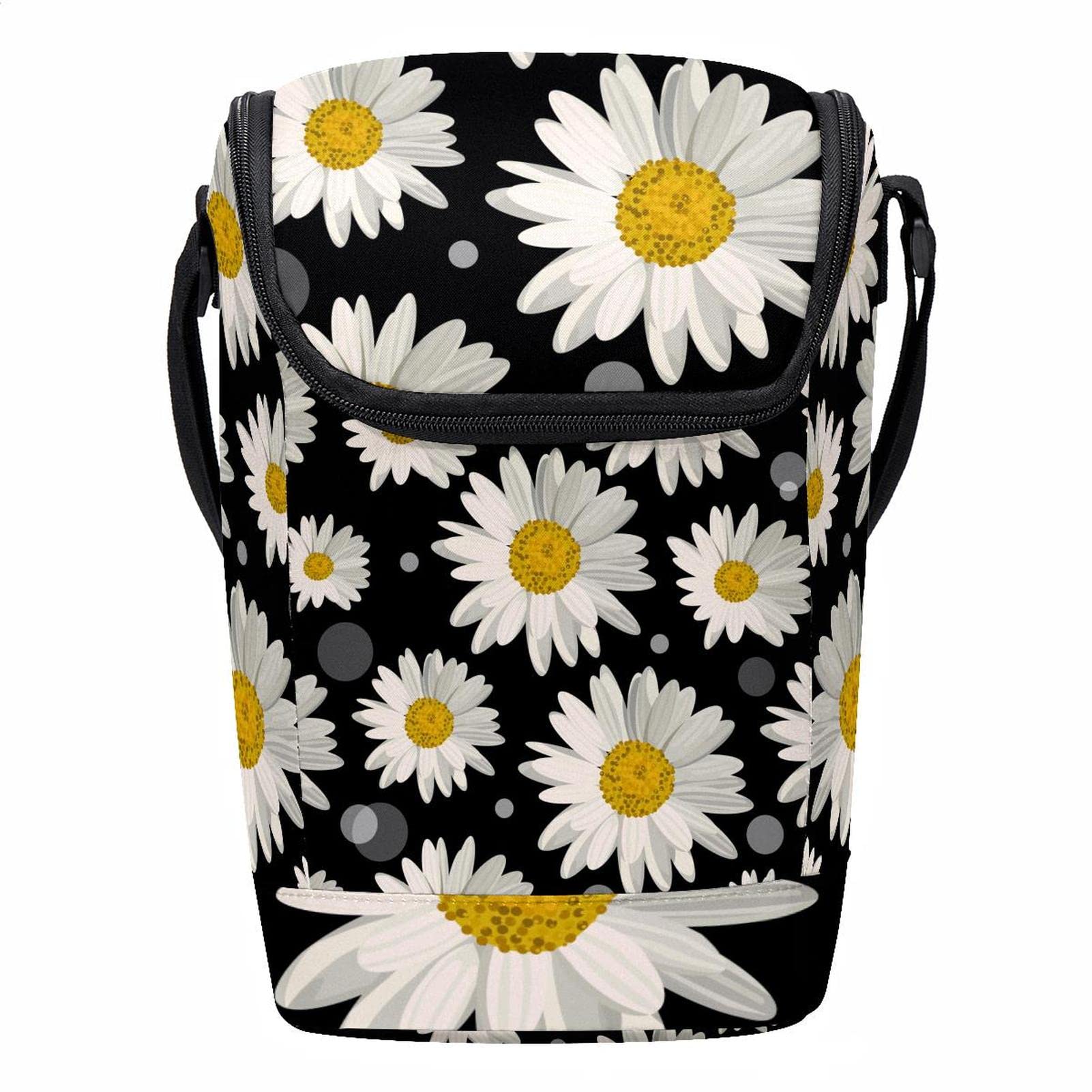 Bolsa de almuerzo floral negra Daisy con aislamiento para oficina y picnic