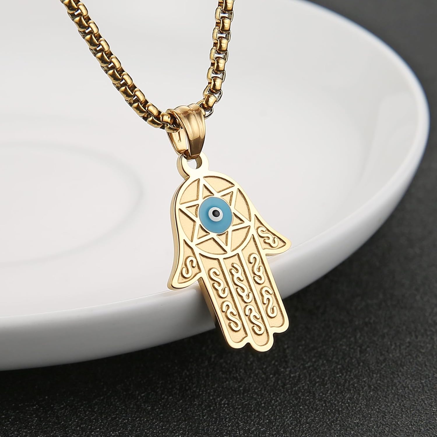 HZMAN Stainless Steel Hands of Fatima Necklace Solomon Hexagram Talisman Necklace with Blue Evil Eye - Image 4