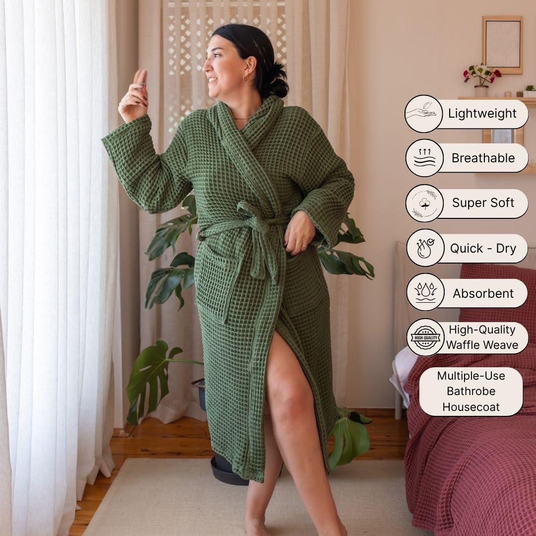 Unisex Hooded Waffle Robe for Women & Men 100% Turkish Cotton | Quick-Dry Bathrobe | Cozy Housecoat for Lounging (XXL Size, Dark Green Robe) - Image 6