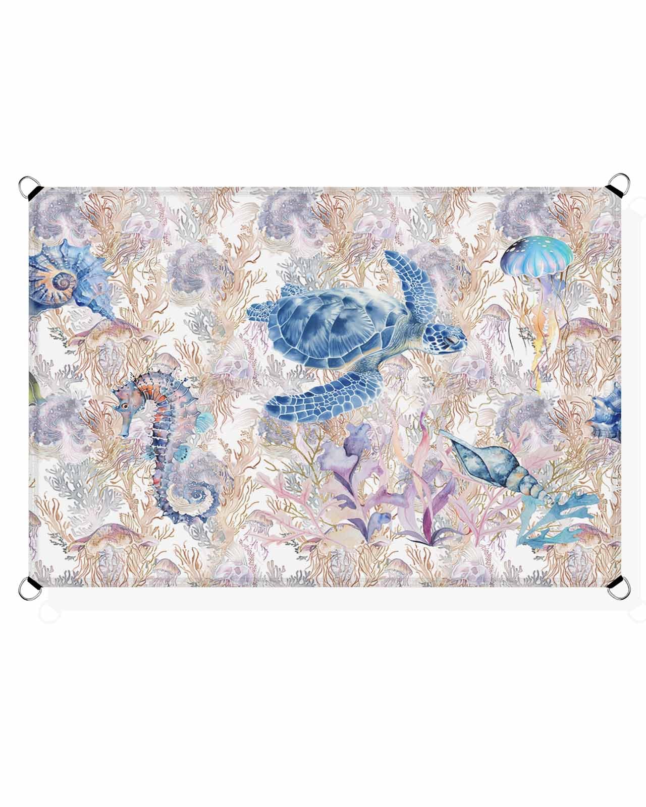 Blue Sea Turtle Sun Sail Shades Rectangle Canopy,Sunlight Block Heavy Duty Curved Backyard Shade Cover,Waterproof Sun Shades for Patios Outdoor,12'x16' Coastal Starfish Conch Jellyfish Sea Horse