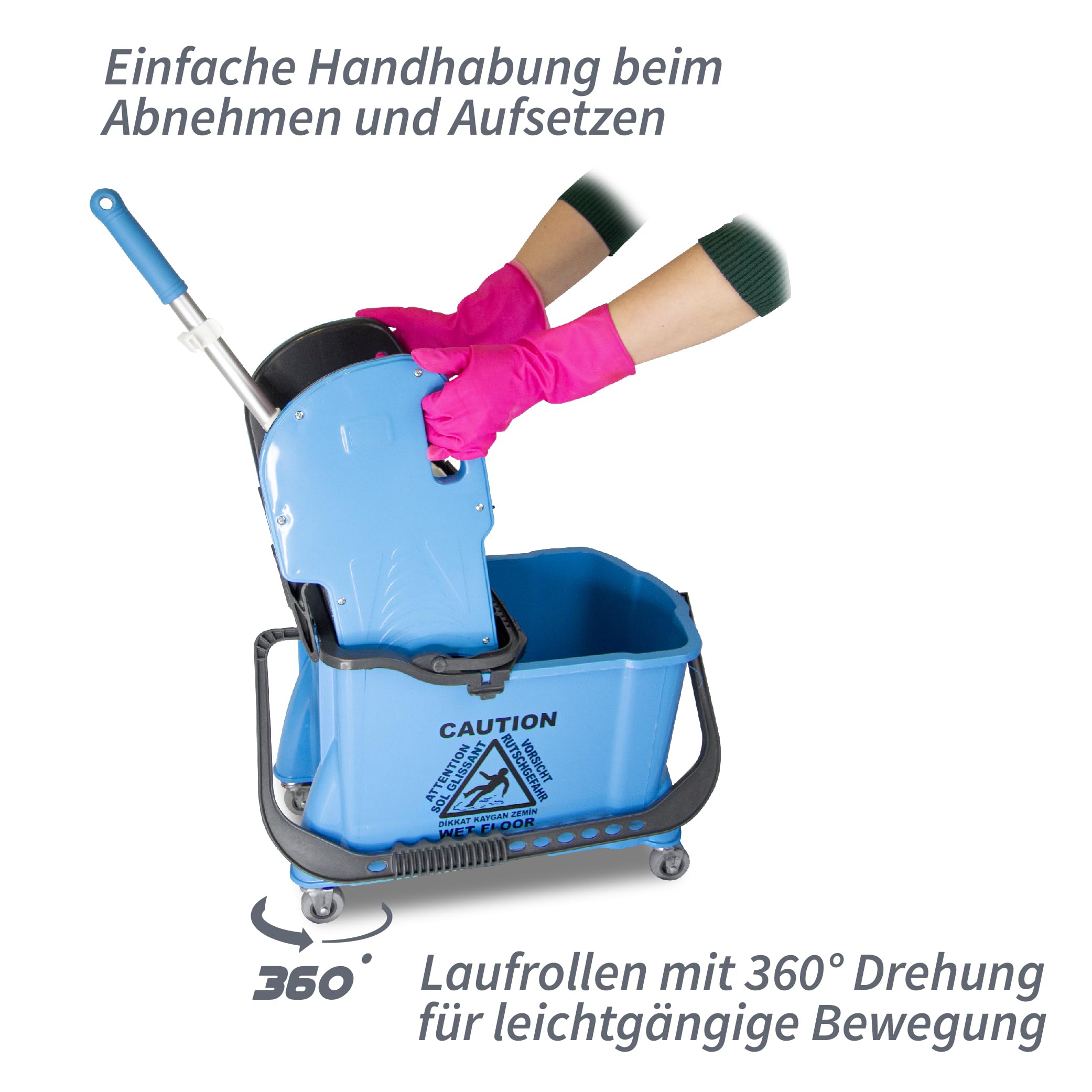 Einfachfahrwagen GIV 7, Fahrwagen mit 24 Liter Eimer, inkl. 10 Liter Schmutzwasserbehälter, Putzwagen mit Wischmopp Presse, Reinigungswagen für Gebäudereinigung