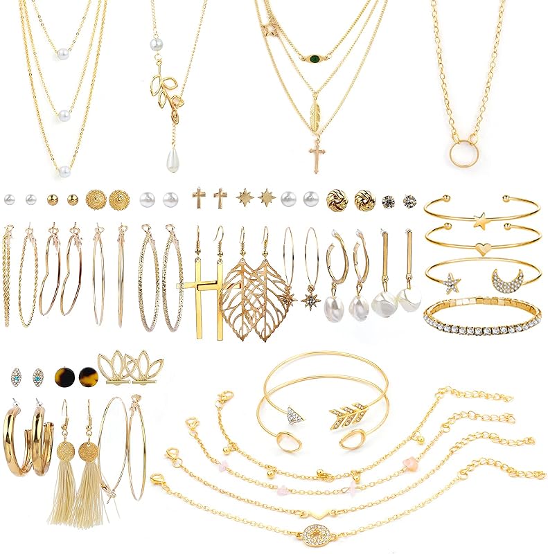 AROIC 38-52PCS Jewelry Set with Necklace Bracelet Layered Ball Dangle Hoop Stud Earrings for Women Jewelry Fashion and Valentine Birthday Party Gift