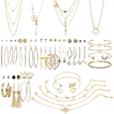 38-52PCS Jewelry Set with Necklace Bracelet Layered Ball Dangle Hoop Stud Earrings for Women Jewelry Fashion and Valentine Birthday Party Gift