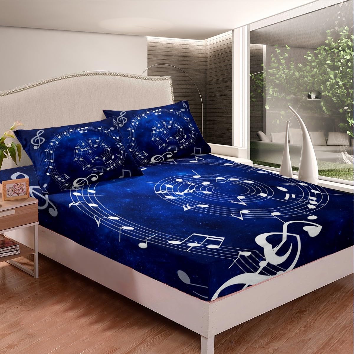 Homewish Music Note Swirl Sheet Set Kids Boys Girls Blue Starry Sky Fitted Sheets Set Full Size Music Stave Bedding Sheet Sets Includes 1 Flat Sheet,1 Fitted Sheet,2 Pillowcases