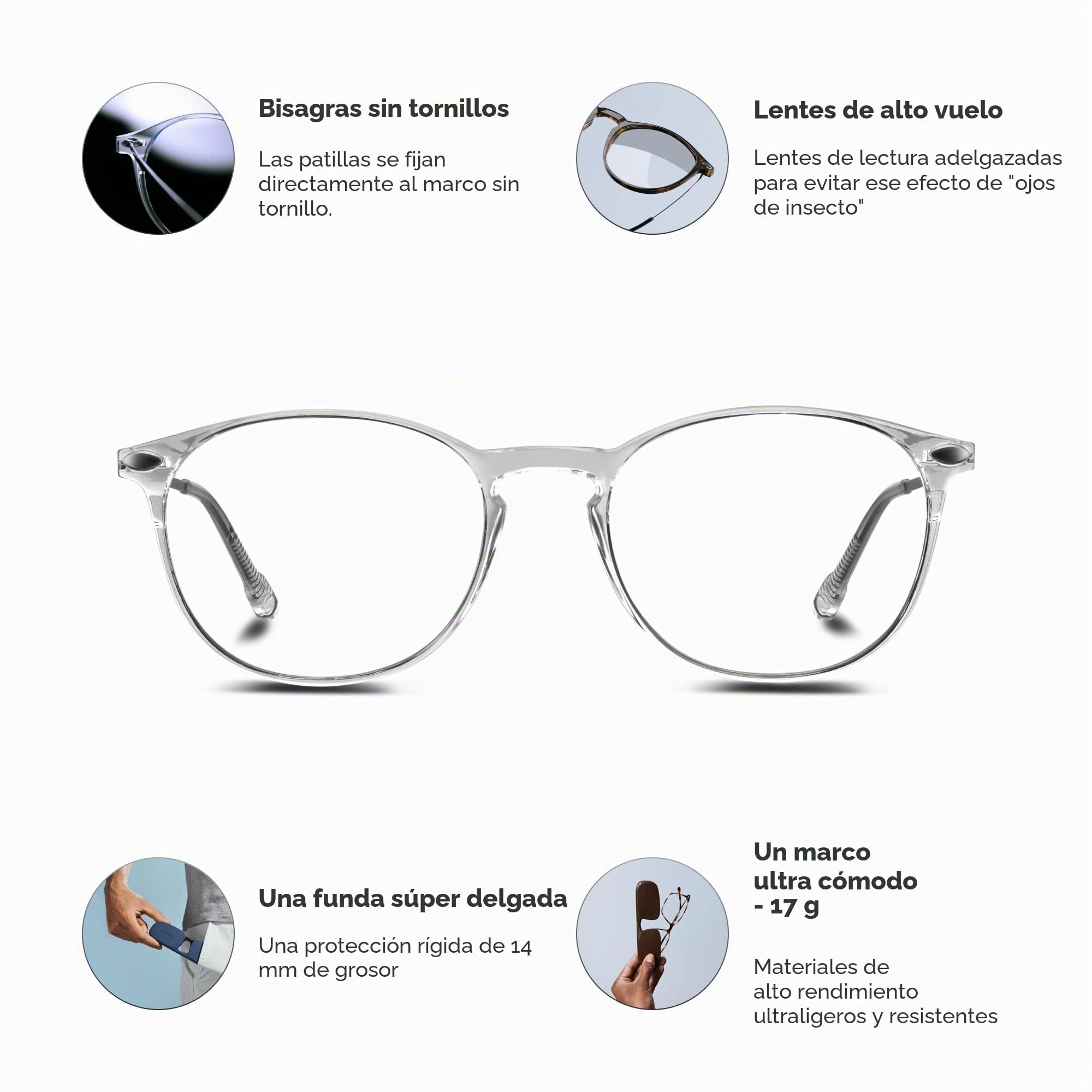Nooz Optics Gafas de Lectura graduadas Essential Alba - Gafas Presbicia Para Hombre y Mujer - Montura de Nylon Ultraligera - Estuche Ultracompacto - Ovaladas