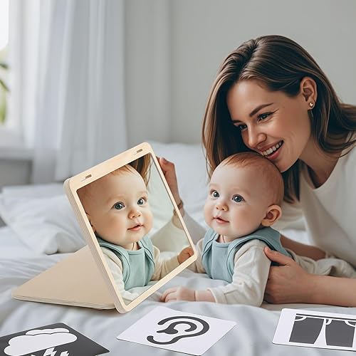 Miniatura 7 de Set de juego de tiempo boca abajo, ángulo ajustable, diseño de doble cara, juguetes Montessori Tummy Time Toys Gran espejo seguro para bebés y