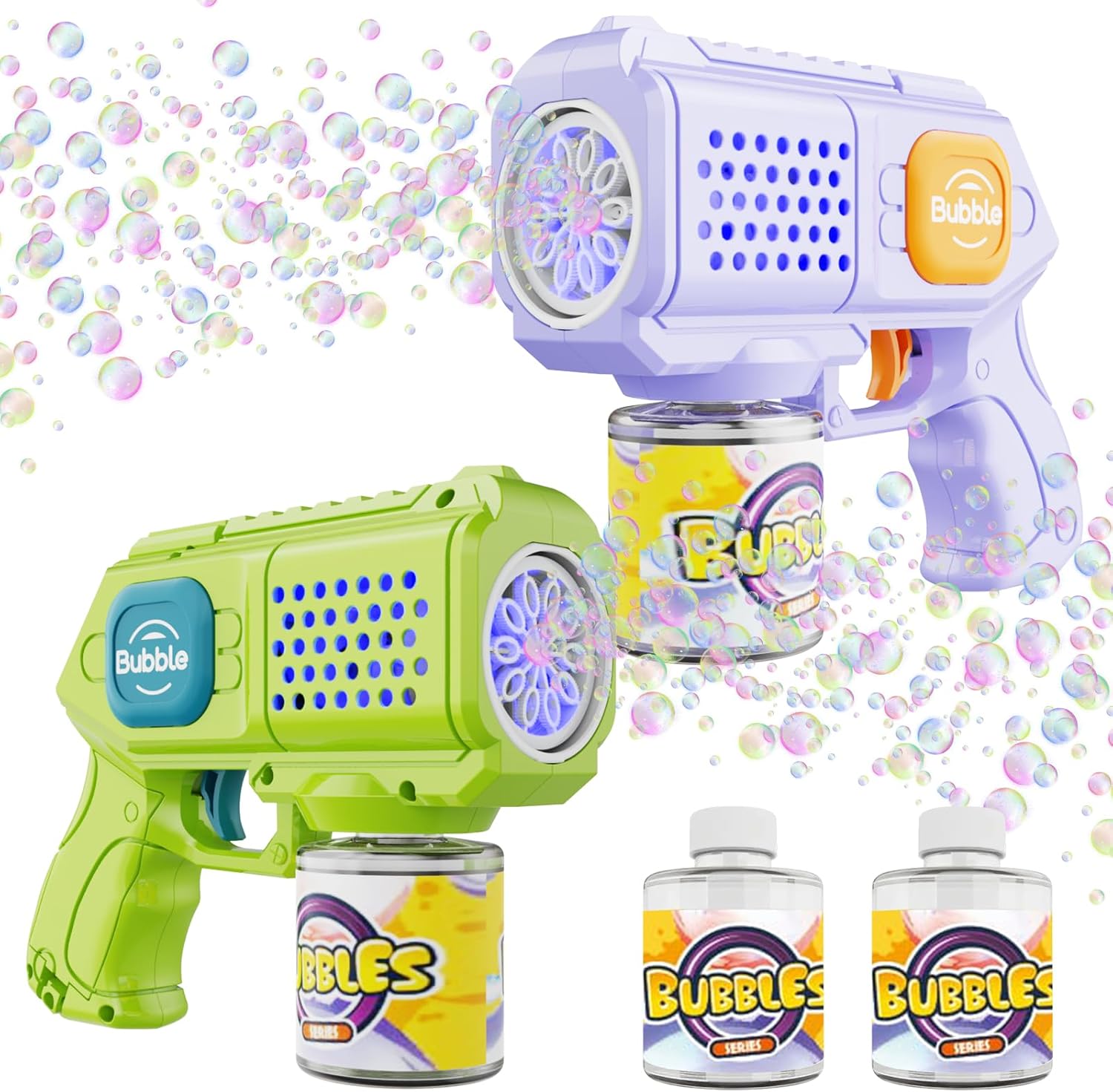 Panamalar 2 Packs Bubble Guns for Kids, Automatic Bubble Machine Gun 10000+ Bubbles/Min, 10 Holes Bubble Maker Toys with Solution/Light for Boys Girls Outdoor Wedding Party, Purple+White