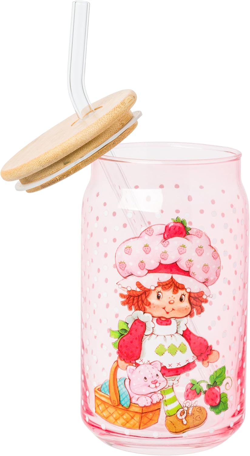 Silver Buffalo Strawberry Shortcake Pink Glass Tumbler with Bamboo Lid and Glass Straw Featuring Strawberry Shortcake and Custard, 16 Ounces - Image 3