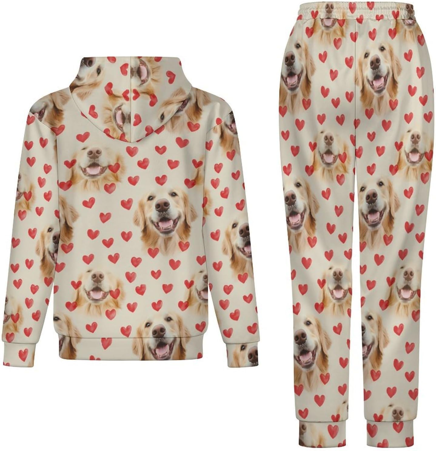 Retriever Dog And Hearts Men's Hooded Set Casual 2 Pieces Suits Pullover Tracksuit Hoodies And Sweatpants