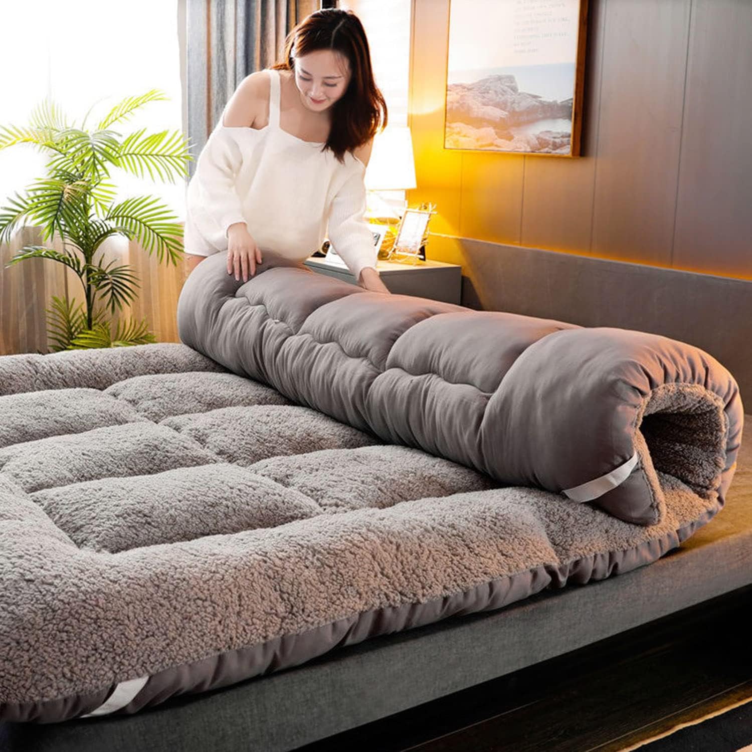 Japanese Futon Mattress, Thicken Tatami Japanese Floor Mattress Quilted Bed Mattress Topper, Anti-Slip Thickening Roll Up Mattress, Foldable Student Dormitory Sleeping Pad,X Twin