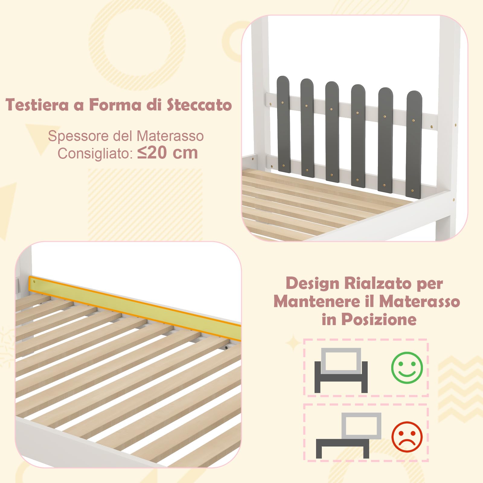 COSTWAY Letto Matrimoniale/Singolo con Scrivania, Letto Piattaforma in Legno con Testiera a Staccionata Ganci e Cassetti, 200x140/200x90 cm, Carico 320/150kg (200x90 cm)
