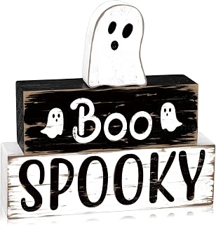 3 PCS Halloween Cute Ghost Wooden Block Sign Halloween Boo Spooky Tiered Tray Decor Wooden Ghost Theme Table Centerpieces for Home Tiered Tray Table Shelf Decor