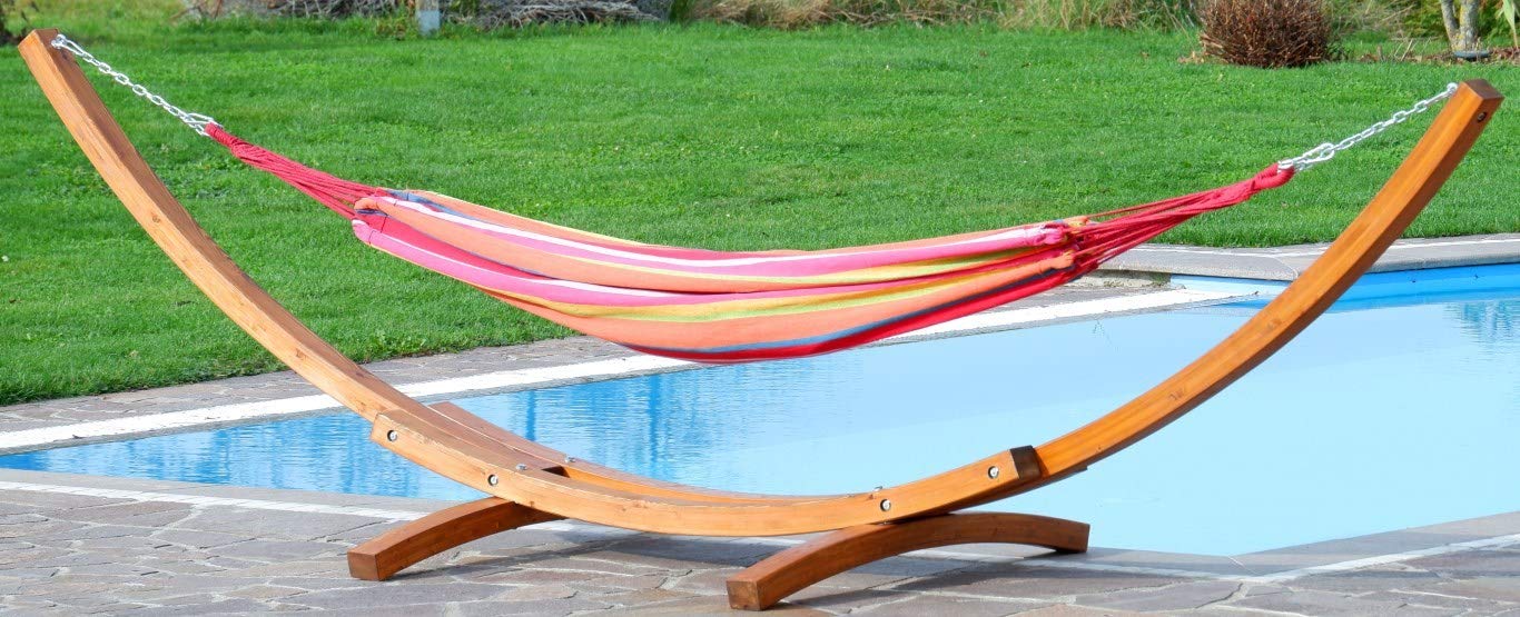 ALEOS. AS-S 410cm XXL Hängemattengestell Mona Hängematte mit Gestell aus Holz Lärche mit bunter Tuchhängematte Garten