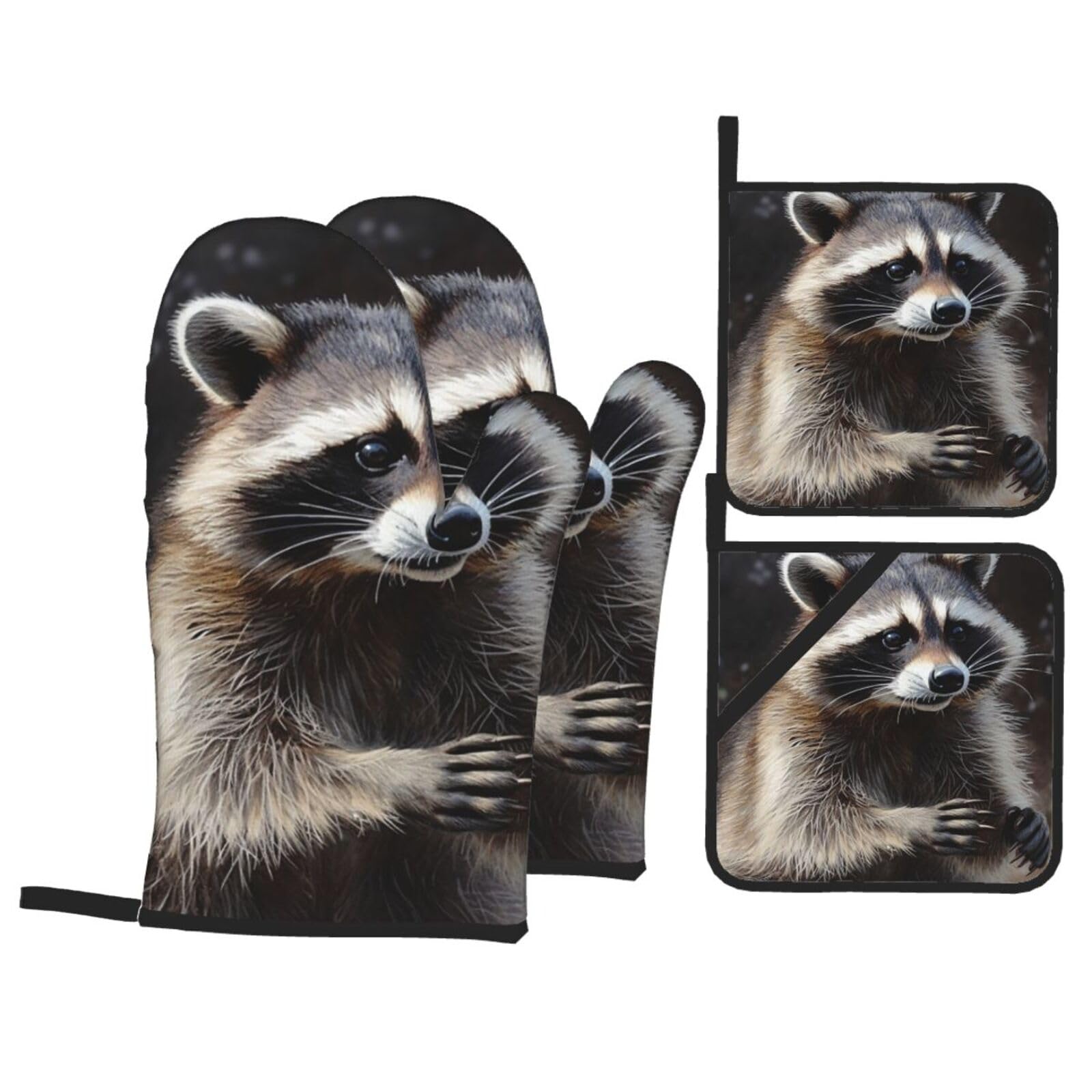 4 Piece Oven Mitts and Pot Holders Set Heat Resistant Oven Gloves and Potholders BBQ Gloves Hot Pads Raccoon Cooking Gloves for Kitchen Baking Grilling